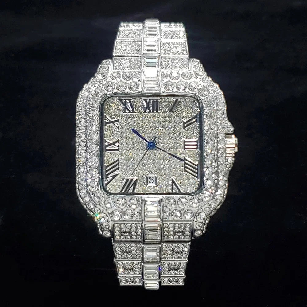 Mens Luxury Watch Fully iced Out, Square Style Watch